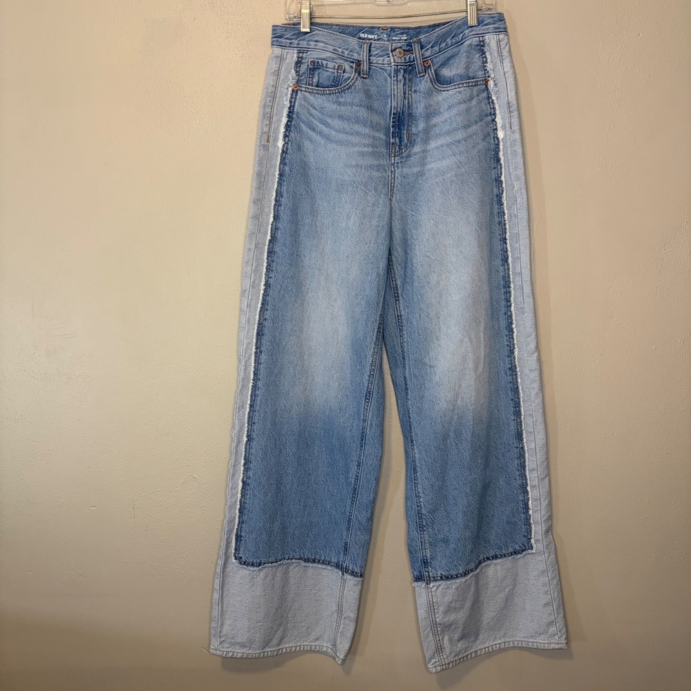 Old Navy High Rise Baggy Wide Leg Two Tone Colorblock Jeans 8 Tall Light Wash